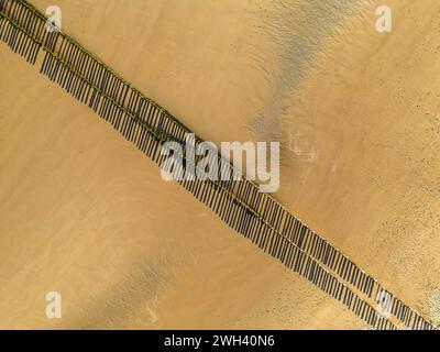 Blick aus der Vogelperspektive auf die Sandküste, lange Schatten auf dem Sand von den Holzpfählen des Wellenbrechers Stockfoto