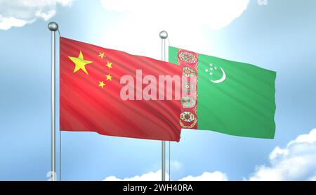 3D-Flagge von China und Turkmenistan auf blauem Himmel mit Sonnenschein Stockfoto