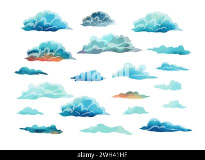 Gruppe von Wolkenobjekten. Handzeichnung. Nicht AI. Vektorabbildung Stock Vektor