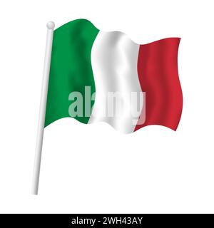 Die italienische Flagge am Fahnenmast winkt im Wind. Abbildung eines isolierten Objekts des italienischen Tricolor-Vektors. Grüne, weiße und rote Flaggenstruktur. Stock Vektor