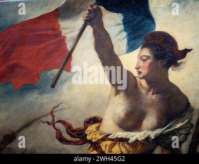 Nahaufnahme von „la liberte guidant le peuple“, einem klassischen Ölgemälde von Eugene Delacroix aus dem Jahr 1830, das derzeit in Louv lebt Stockfoto