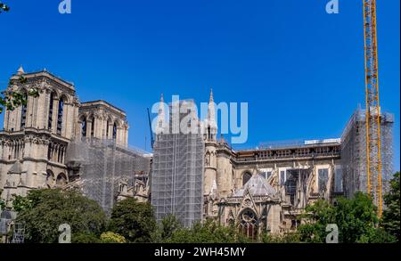 Die Kathedrale Notre Dame de Paris (unsere Lieben Frau von Paris) wird nach einem verheerenden Brand vom 15. April 2019 repariert Stockfoto