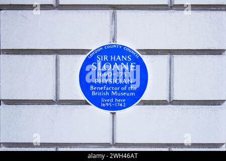 Blaue Gedenktafel für den Arzt Sir Hans Sloane (1660-1753) in London Stockfoto