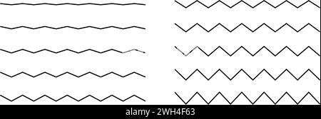 Horizontale Zickzacklinien. Gezackte Ränder oder Trennzeichen. Gezackte Streifen mit unterschiedlichen Verzerrungsamplituden. Wasser, Flüssigkeit, Luft, Windsymbole isoliert auf weißem Hintergrund. Vektorkontur, Abbildung Stock Vektor