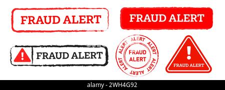 Betrugswarnung roter Gummimarkenkreis und quadratisches Zeichen Vorsicht krimineller Erpressungsbetrug Stock Vektor