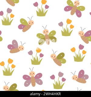 Nahtloses Frühlingsmuster mit Schmetterlingen und Tulpen. Kindlicher Hintergrund. Vektorabbildung. Stock Vektor