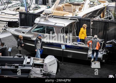 Silver Streak geschweißtes Aluminiumboot auf der Boat Show am BC Place in Vancouver, British Columbia, Kanada Stockfoto