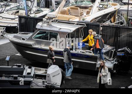 Silver Streak geschweißtes Aluminiumboot auf der Boat Show am BC Place in Vancouver, British Columbia, Kanada Stockfoto