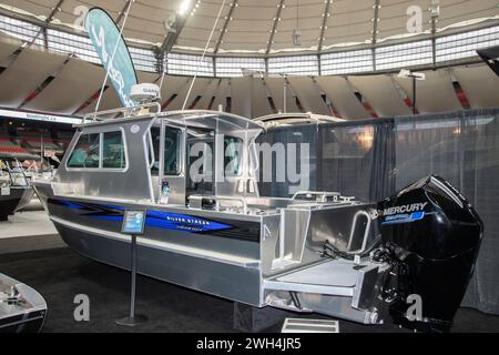 Silver Streak geschweißtes Aluminiumboot auf der Boat Show am BC Place in Vancouver, British Columbia, Kanada Stockfoto