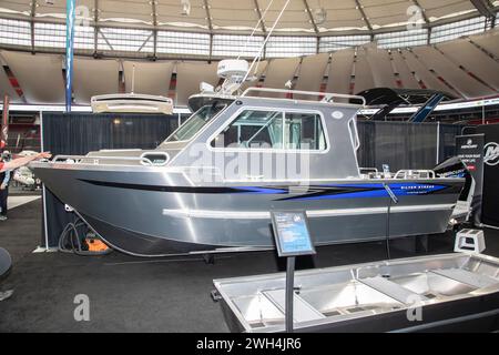 Silver Streak geschweißtes Aluminiumboot auf der Boat Show am BC Place in Vancouver, British Columbia, Kanada Stockfoto