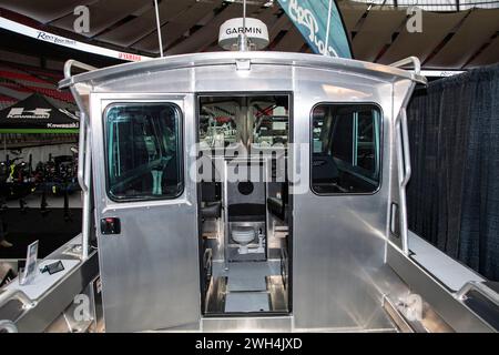 Stern vom Silver Streak geschweißten Aluminiumboot auf der Boat Show am BC Place in Vancouver, British Columbia, Kanada Stockfoto