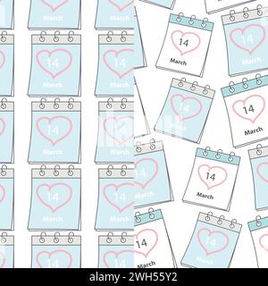 Set aus nahtlosen Mustern mit Datumskalenderseiten des Weißen Tages am 14. März und herzförmigem Umschlag. Isolieren. EPS. Vektor für Verpackungen, Tapeten oder Web, Poster, Banner, Karten, promotion, Etikett oder Preis Stock Vektor