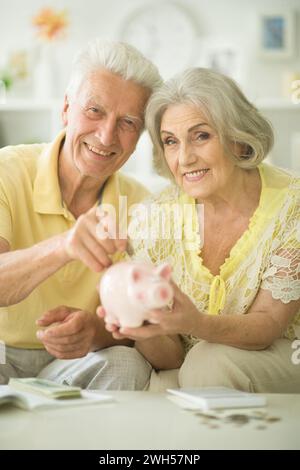 Ein paar Senioren sitzen mit Taschenrechner und zählen Geld Stockfoto