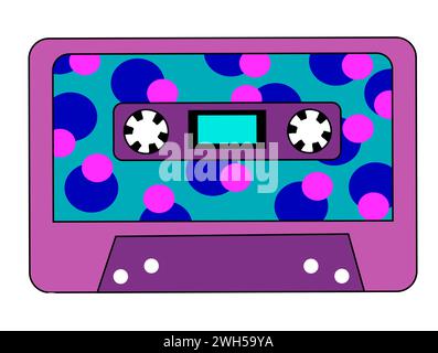 Retro-Vintage-Audio-Musikkassette mit Magnetband. Lila und blau, rosa Farben. Abstraktes Design im Stil der 90er, 80er und 70er Jahre. Illustration der Vektorabwicklung. Stock Vektor