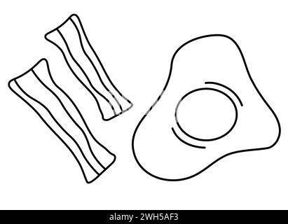 Spiegelei und Speck. Frühstück am Morgen. Handgezogenes Doodle-Essen. Schwarzes Schwarzweiß-Design skizzieren. Illustration der Vektorabwicklung. Stock Vektor