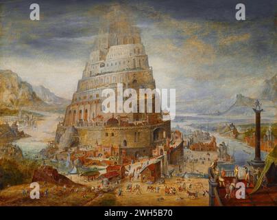 Belgien / Irak / Mesopotamien: "Das Gebäude des Turms von Babel". Öl auf Tafelgemälde von Abel Grimmer (1570-1619), 17. Jahrhundert. Der Turm von Babel war nach dem Buch Genesis ein riesiger Turm, der in der Ebene von Shinar errichtet wurde. Nach der biblischen Erzählung kam eine vereinte Menschheit der Generationen nach der Großen Flut, die eine einzige Sprache sprach und aus dem Osten auswanderte, ins Land Shinar, wo sie beschlossen, eine Stadt mit einem Turm zu bauen, „mit seiner Spitze im Himmel... damit wir nicht auf der Erde verstreut werden“. Stockfoto