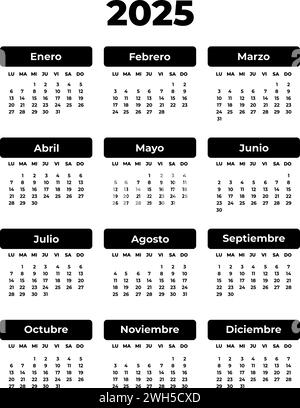 Spanischer vertikaler rechteckiger schwarzer Kalender für 2025 Jahre. Große Fettschrift. Isoliertes Vektorbild. Illustrationsvorlage für Design, Planer Stock Vektor