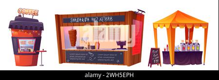 Street Food Stände auf weißem Hintergrund. Vektor-Zeichentrickillustration von Coffee Shop, Kebab Stand, Markise, die Getränke verkauft, Menütafel und Girlande Lichter, City Messe Design Elemente Stock Vektor