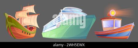 Schwimmendes Segelboot mit Holzdeck, Wind in Masten und Lampe. Zeichentrickvektor-Illustration Set von Schiffen unterschiedlicher Größe für Kreuzfahrt, Angeln und Segelfahrt. Seetransport und Schiff. Stock Vektor