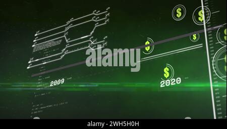 Bild von Dollars in Kreisen über Datenverarbeitung auf grünem Hintergrund Stockfoto