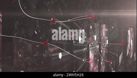 Bild von Linien und Datenverarbeitung auf schwarzem Hintergrund mit Formen und Lichtern Stockfoto