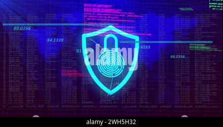 Bild eines digitalen Schildes mit Vorhängeschloss und Fingerabdruck über Datenverarbeitung und Weltkarte Stockfoto