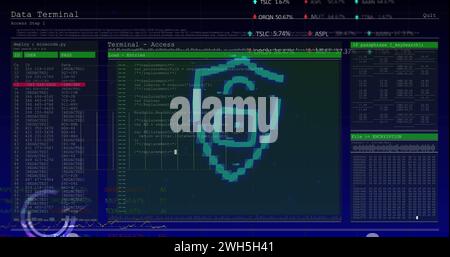 Bild der digitalen Abschirmung mit Vorhängeschloss über der Datenverarbeitung auf dem digitalen Bildschirm Stockfoto