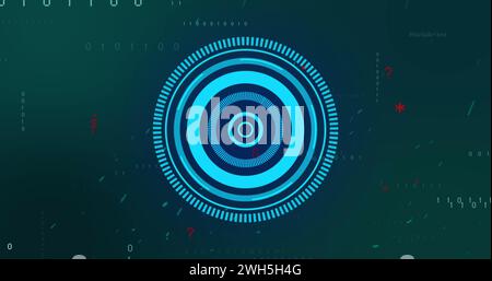 Digitalbild blauer Rundscanner gegen Datenverarbeitung auf blauem Hintergrund Stockfoto