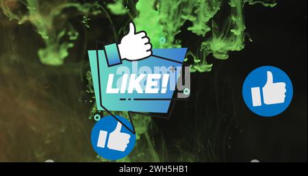Bild von Like-Text mit Symbolen über grüner Flüssigkeit auf schwarzem Hintergrund Stockfoto