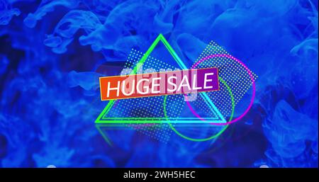 Bild eines riesigen Verkaufstextes mit Formen über blauem flüssigem Hintergrund Stockfoto