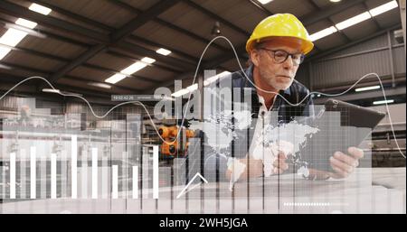 Bild von Statistik und Datenverarbeitung über kaukasischen Ingenieur mit Tablet Stockfoto
