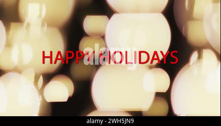 Bild des Textes „Happy Holidays“ über gelben Flecken mit hellem Hintergrund Stockfoto