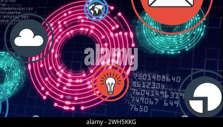 Abbildung: Mediensymbole und Datenverarbeitung über das Netzwerk von Verbindungen Stockfoto