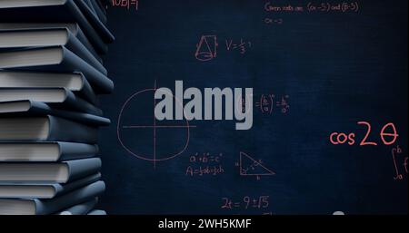 Animierte digitale Bilder zeigen Bücher mit mathematischen Gleichungen und Diagrammen. Stockfoto