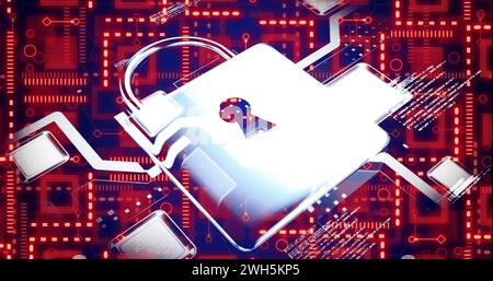 Abbildung des Vorhängeschlosses und der Datenverarbeitung über das Netzwerk von Verbindungen Stockfoto