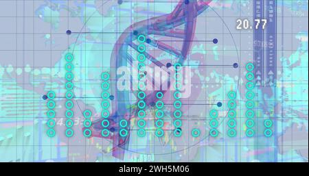 Abbildung von Diagrammen, dna und Zahlen auf der Weltkarte Stockfoto