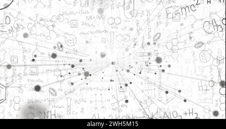 Bild des Verbindungsnetzes über mathematische Gleichungen und chemische Symbole auf weißem Hintergrund Stockfoto