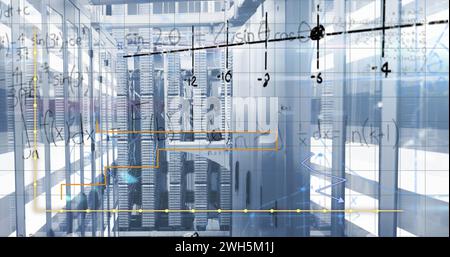 Abbildung von Diagrammen, mathematischen Formeln und Lichtquellen über Servern Stockfoto