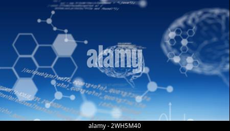 Bild der Symbole für Datenverarbeitung und chemische Stoffe auf blauem Hintergrund Stockfoto