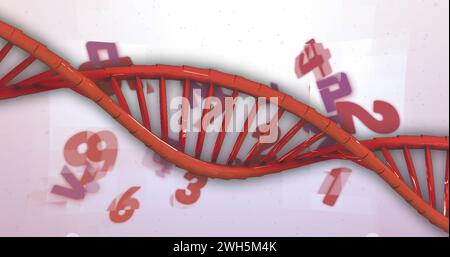 Bild von mathematischen Symbolen und dna-Stamm auf weißem Hintergrund Stockfoto