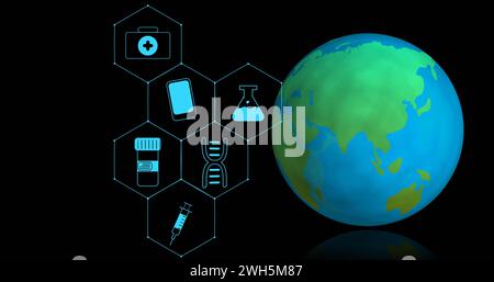 Bild von medizinischen Ikonen und Globus auf schwarzem Hintergrund Stockfoto