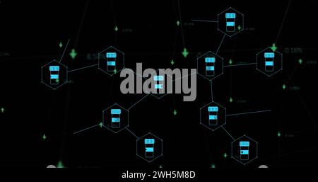 Bild von medizinischen Symbolen und Datenverarbeitung mit Pfeilen auf schwarzem Hintergrund Stockfoto