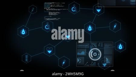 Bild von medizinischen Symbolen und Datenverarbeitung auf schwarzem Hintergrund Stockfoto