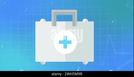Bild von medizinischen Symbolen und medizinischem Kit auf blauem Hintergrund Stockfoto