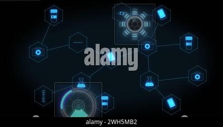 Bild medizinischer Symbole mit Datenverarbeitung auf schwarzem Hintergrund Stockfoto