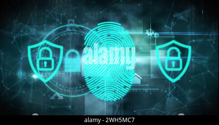 Abbildung eines biometrischen Fingerabdrucks mit Online-Sicherheitsvorhängeschlössern auf leuchtend blauem Hintergrund Stockfoto