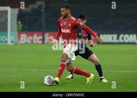 Paris, Frankreich. Februar 2024. Steve Mounie of Brest während des französischen Pokals, Achtelfinale zwischen Paris Saint-Germain (PSG) und Stade Brestois 29 (Brest) am 7. Februar 2024 im Parc des Princes Stadion in Paris, Frankreich - Foto Jean Catuffe/DPPI Credit: DPPI Media/Alamy Live News Stockfoto