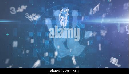 Abbildung eines biometrischen Handabdrucks mit veränderten Zahlen und Scans des Oszilloskops Stockfoto