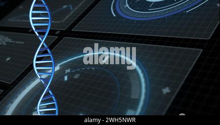 Bild des dna-Strangs, der sich mit Datenverarbeitung über schwarzem Hintergrund dreht Stockfoto