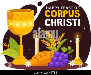 Korpus Christi katholischer religiöser Vektor-Illustration mit Festtag, Kreuz, Brot und Trauben im Feiertagsfeiertag flacher Zeichentrickhintergrund Stock Vektor